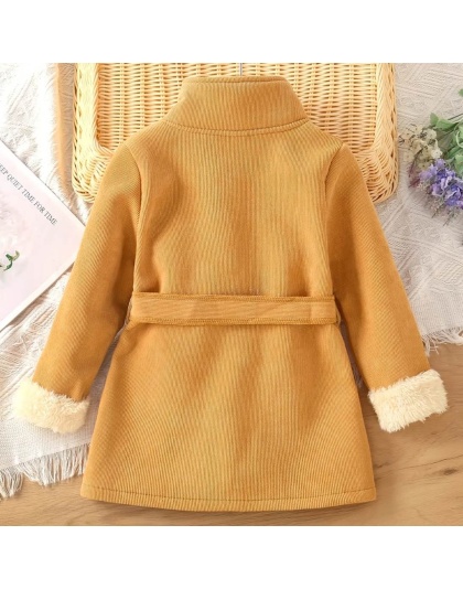 Baby Girls Tan Corduroy Work-Boot Color Solid Jacket High Neck Fleece Warm Coat With Belt Kids Clothes