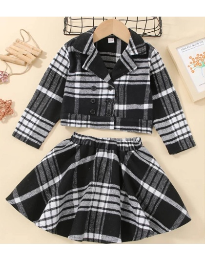 Autumn And Winter New Baby Girls' Thickened Plaid Long-sleeved Skirt Set Black and White Buffalo Plaid Jacket Pea Coat