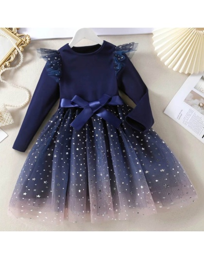 Girls Bow Mesh Dress Star Pattern Gradient Color Long Sleeve Round Neck Christmas New Years Fancy Elegant Sparkly Star Dress