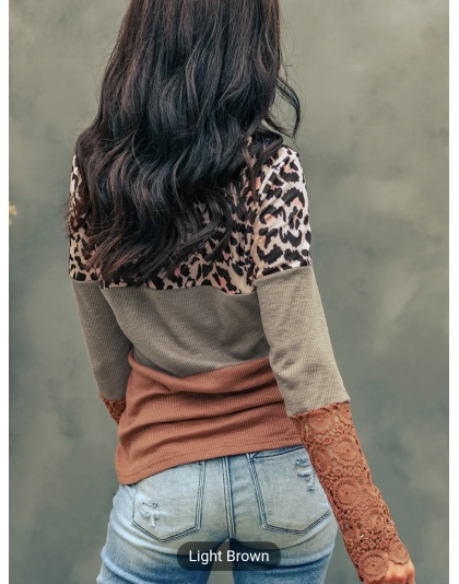 Women's T-shirt Casual Lace Splicing Hollow-out Leopard Color Block Long Sleeved Loose Fashion T-shirt Blouses Style Everyday Fit Top Womenswear Comfortable Elegance - Bucket 1