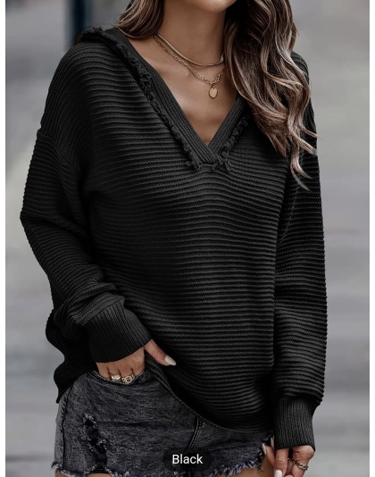 Women's Solid Ribbed Black Hooded Sweater, Casual V-neck Long Sleeve Sweater, Casual Tops For Fall &amp; Winter, Women's Clothing - Bucket 1