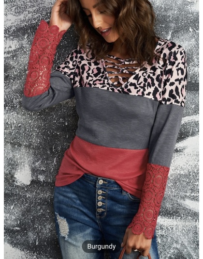 Women's T-shirt Casual Lace Splicing Hollow-out Leopard Color Block Long Sleeved Loose Fashion Womenswear Blouses Comfortable Elegance Everyday Style Top Fit T-shirt - Bucket 1