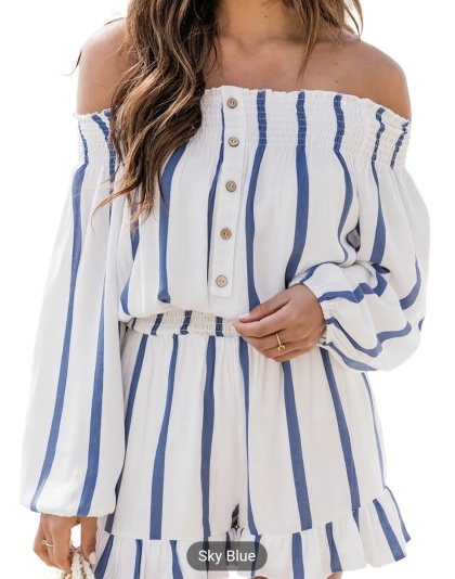 Women’s Summer Off The Shoulder Blue and White Striped Jumpsuit Onepiece One-Piece Jumper Short Romper - Box 2